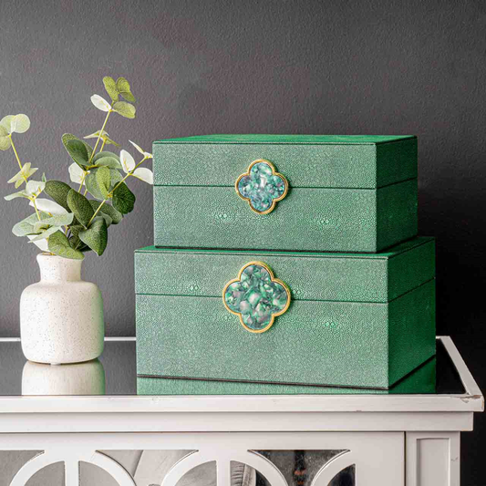 Set of 2 Green Faux Litchi with Green and Gold Handle Jewellery Boxes
