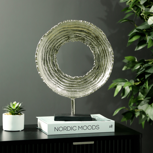 Nickel Round Metal Sculpture with Black Base (38cm)
