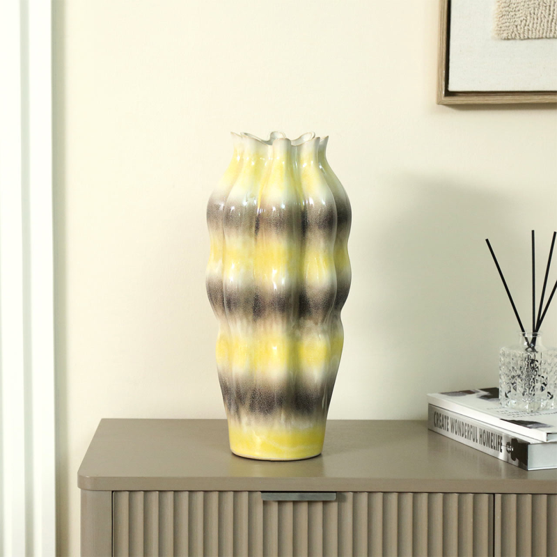 Beige Ceramic Vase with Multicolour Stripes (36.5cm)