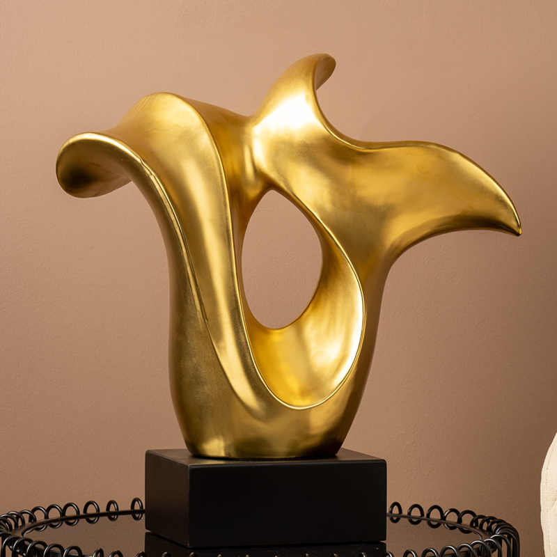 Matte Gold Abstract Sculpture on Black Stand