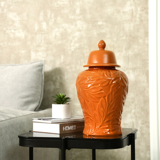 Handmade Orange Carved Ceramic Ginger Jar